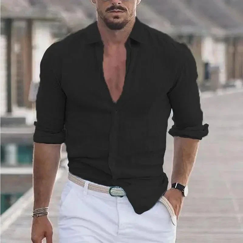 Men's Shirt linen Casual Polo Neck Long Sleeve
